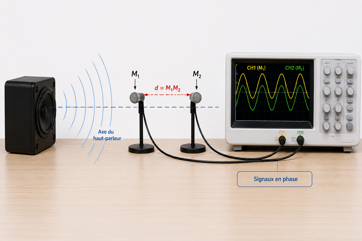 Montage des deux microphones face au haut-parleur, avec écran d'oscilloscope
