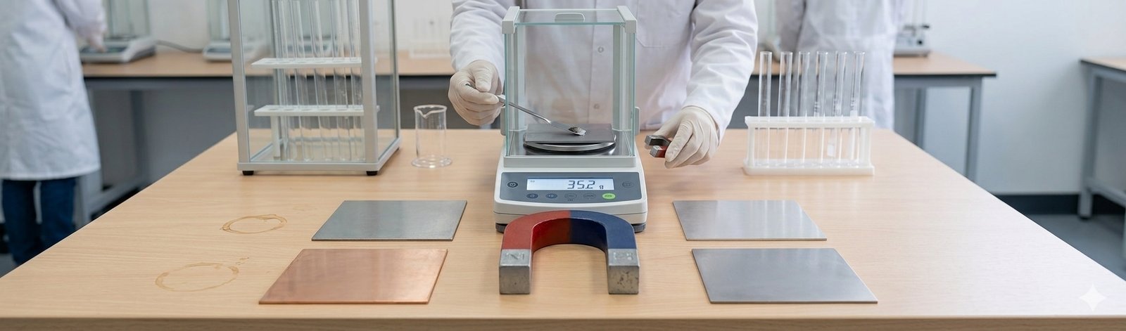 Expérience aimant et balance sur les 4 plaques métalliques