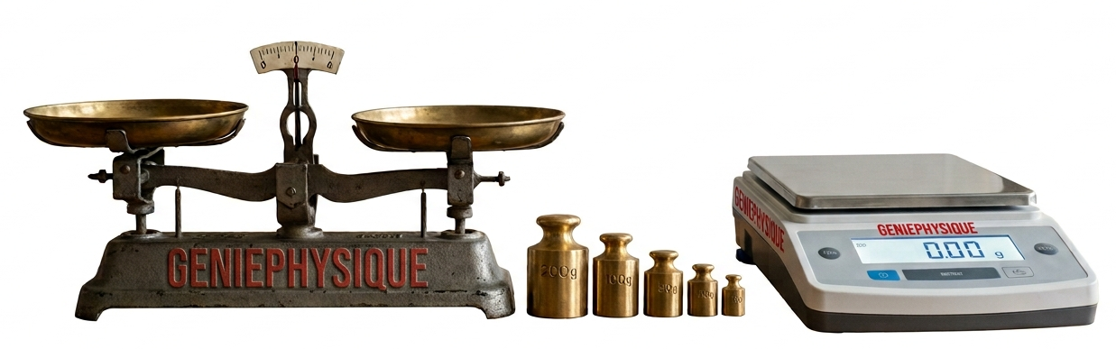 Balance Roberval avec masses marquées et balance électronique affichant 0.00 g