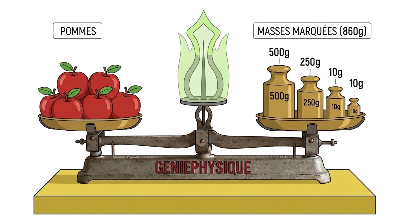 Balance Roberval équilibrée avec des pommes et des masses marquées